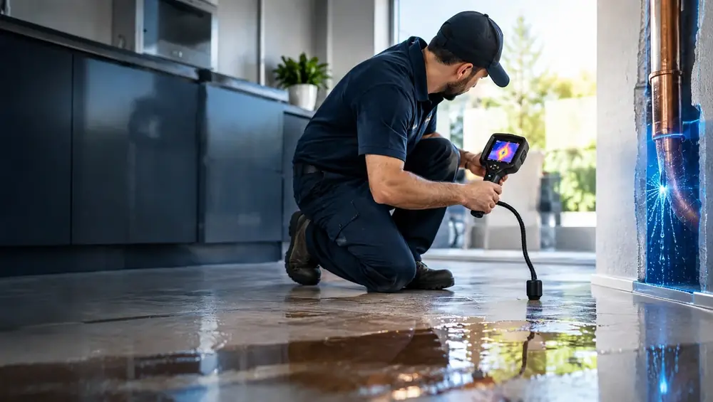 AquaTrace leak detection expert using a thermal imaging camera to find a hidden water leak in a Citrus Heights home
